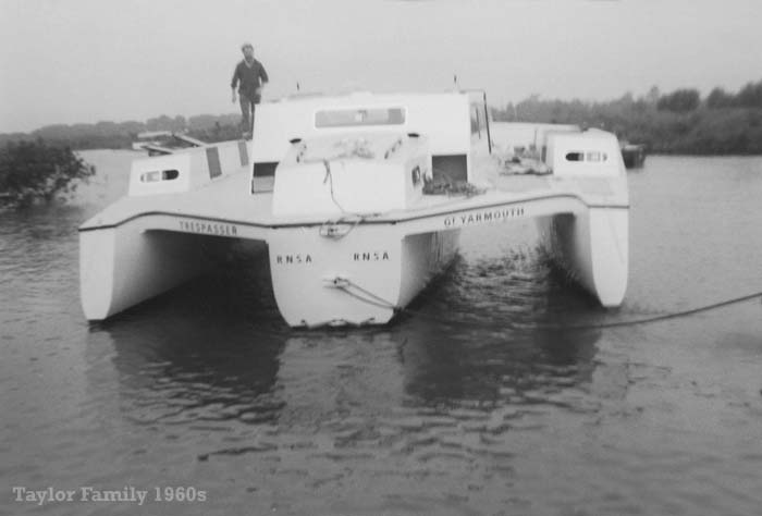Launching the trimaran Trespasser at Herbert Woods 1960s